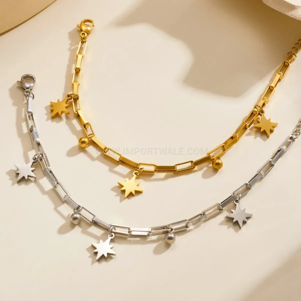 Stainless Steel Eight Point Star Pendant Square Chain Bracelet