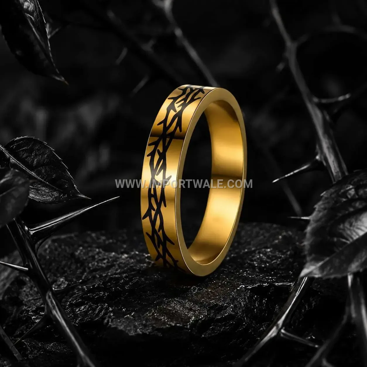 Engraved Thorns Motif Stainless Steel Minimalist Band Ring