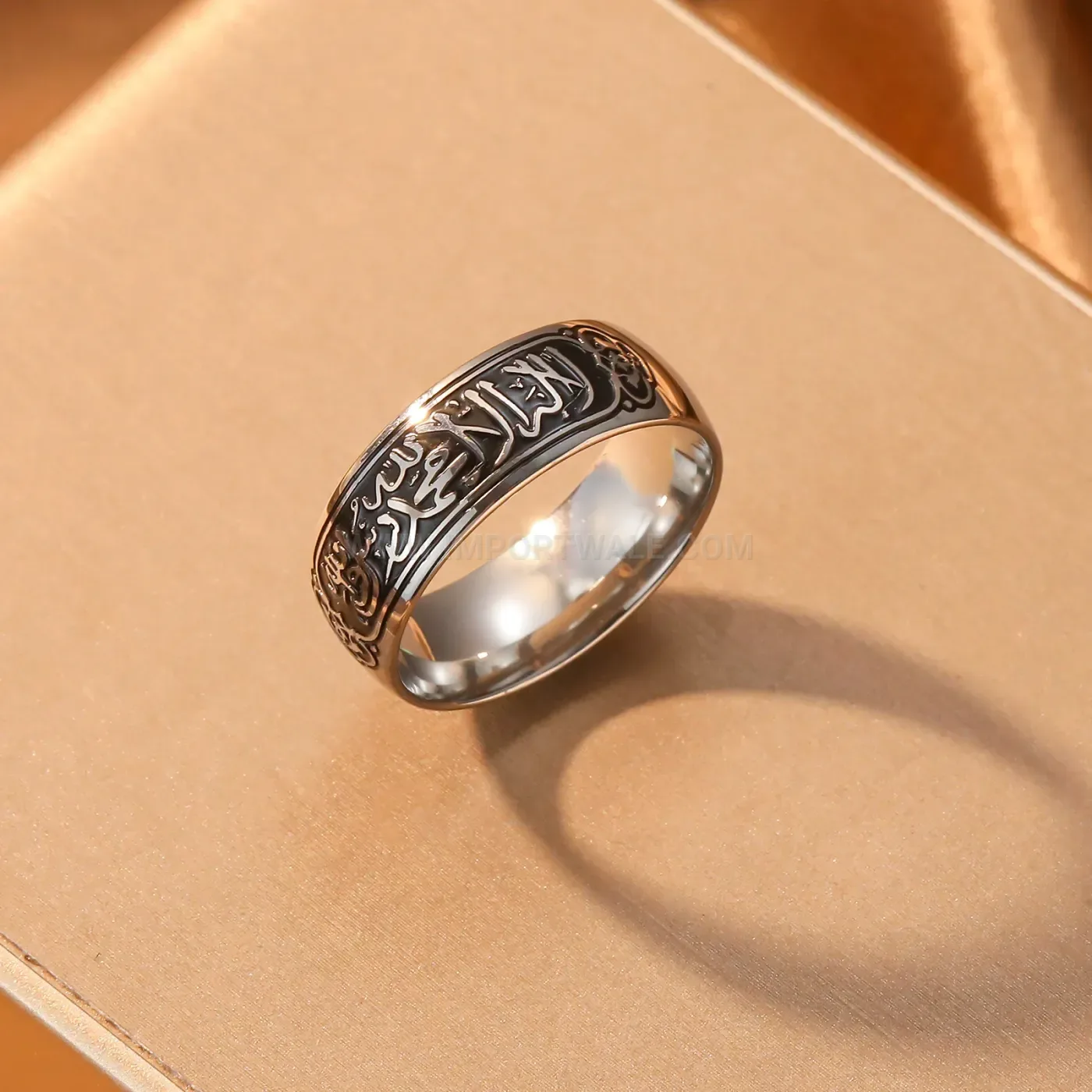 Bold Engraved Arabic Calligraphy Stainless Steel Band Ring with Scripture Detail