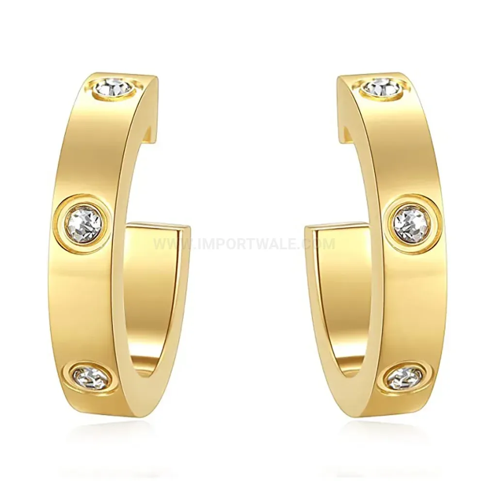 Bold Rhinestone Accent U-Shaped Stainless Steel Hoop Earrings
