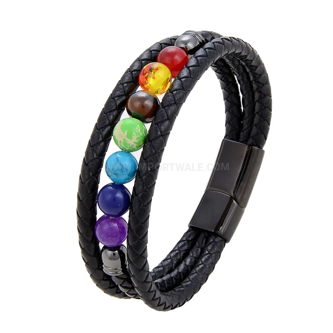 Colorful Stone Beaded Leather Rope Bracelet with Magnetic Clasp