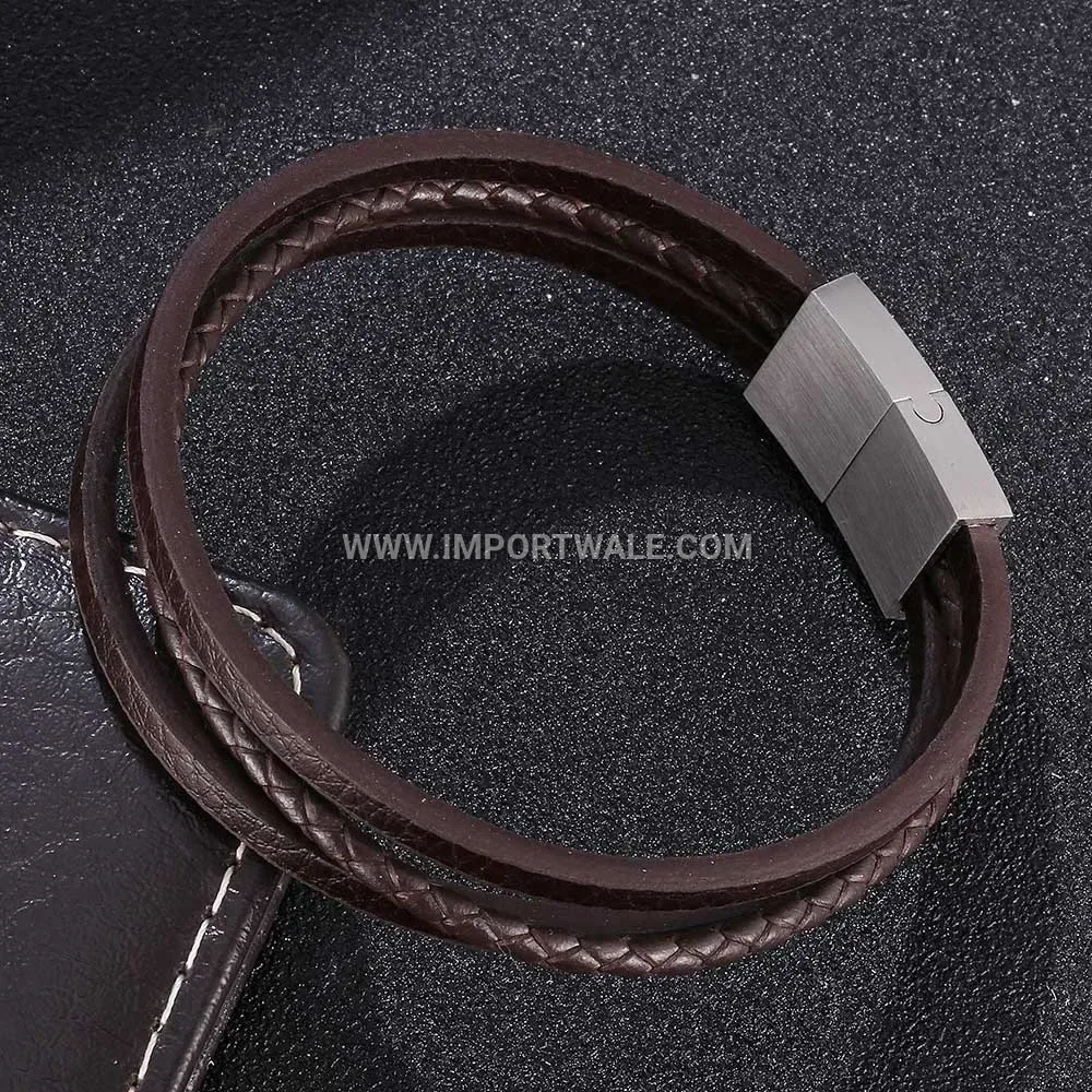 Multi Layer Woven Brown Leather Stainless Steel Magnetic Wristband