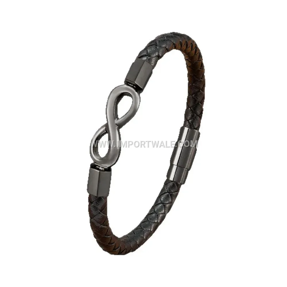 Infinity Motif Black Leather Cord Stainless Steel Bracelet for Men