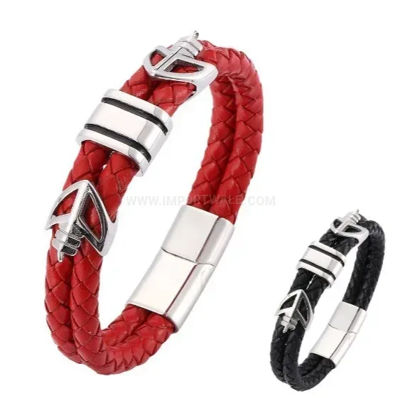Premium Woven Leather and Stainless Steel Geometric Charm Bracelet
