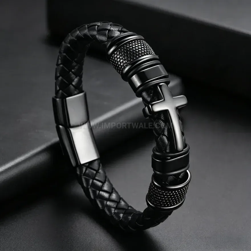 Bold Woven Leather Cross Bracelet With Alloy Magnetic Clasp