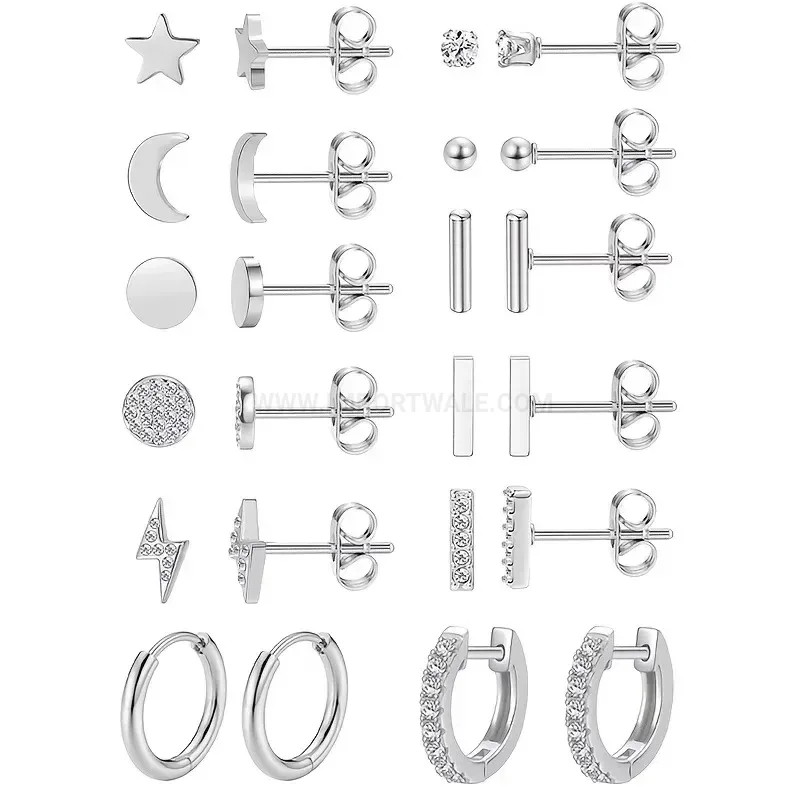 Modern Minimalist Celestial Stainless Steel Stud and Hoop Earring Set