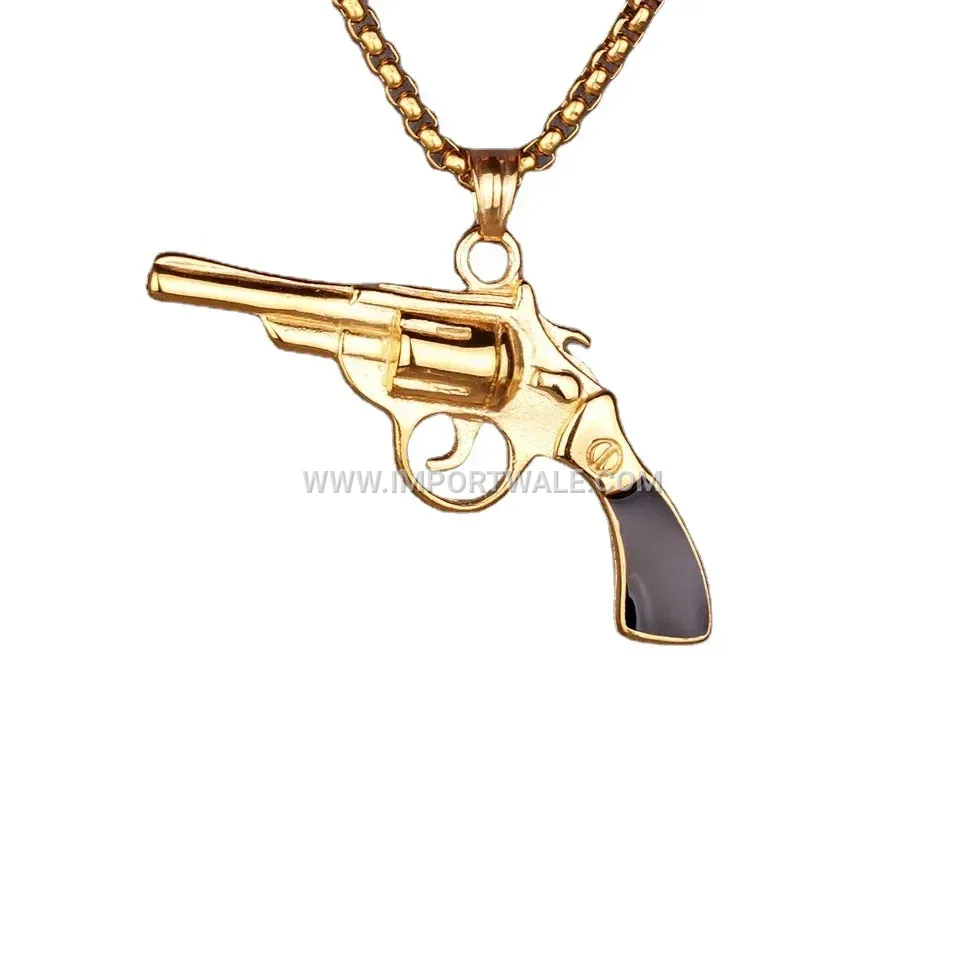 Gold Stainless Steel Pistol Pendant with Resin Inlay