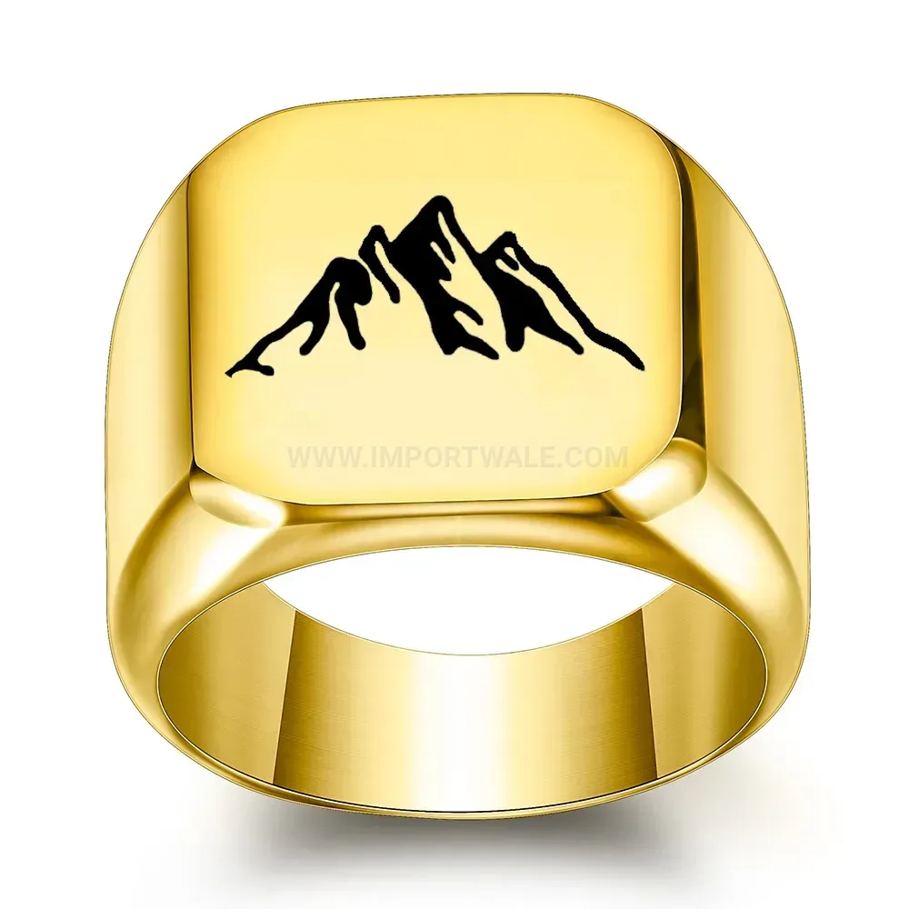Bold Laser Engraved Mountain Peak Stainless Steel Square Signet Ring