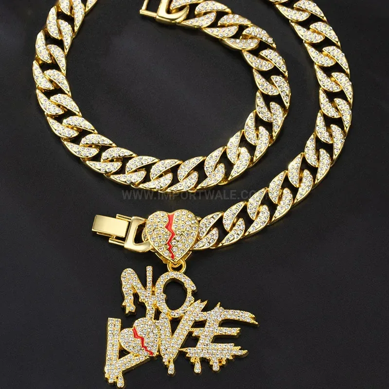 Full Rhinestone Letter Heart Patchwork Hip Hop Cuban Chain Pendant