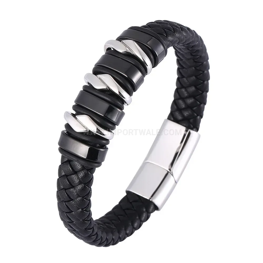 Multi-Color Braided Leather Bangle With Electroplated Stainless Steel Clasp