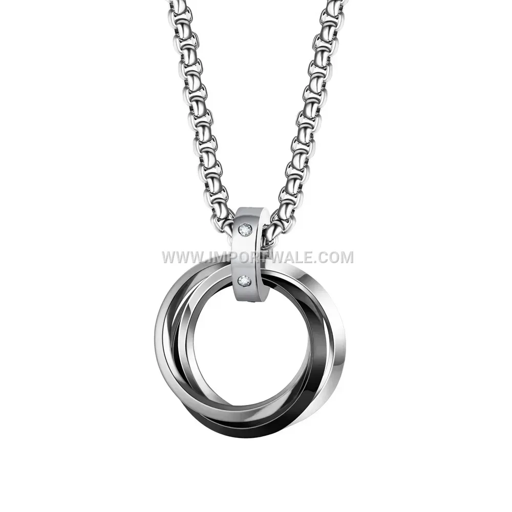Stainless Steel Triple Interlocking Ring Crystal Pendant Necklace