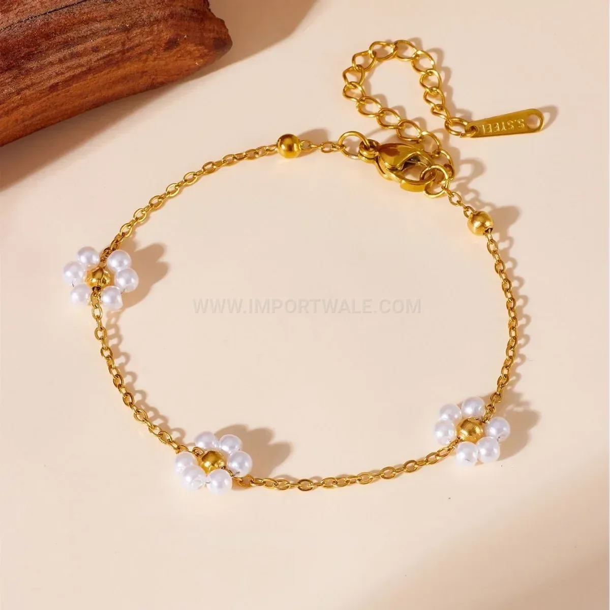 Classic Titanium Steel Floral Pearl Pendant Snake Chain Jewelry Set