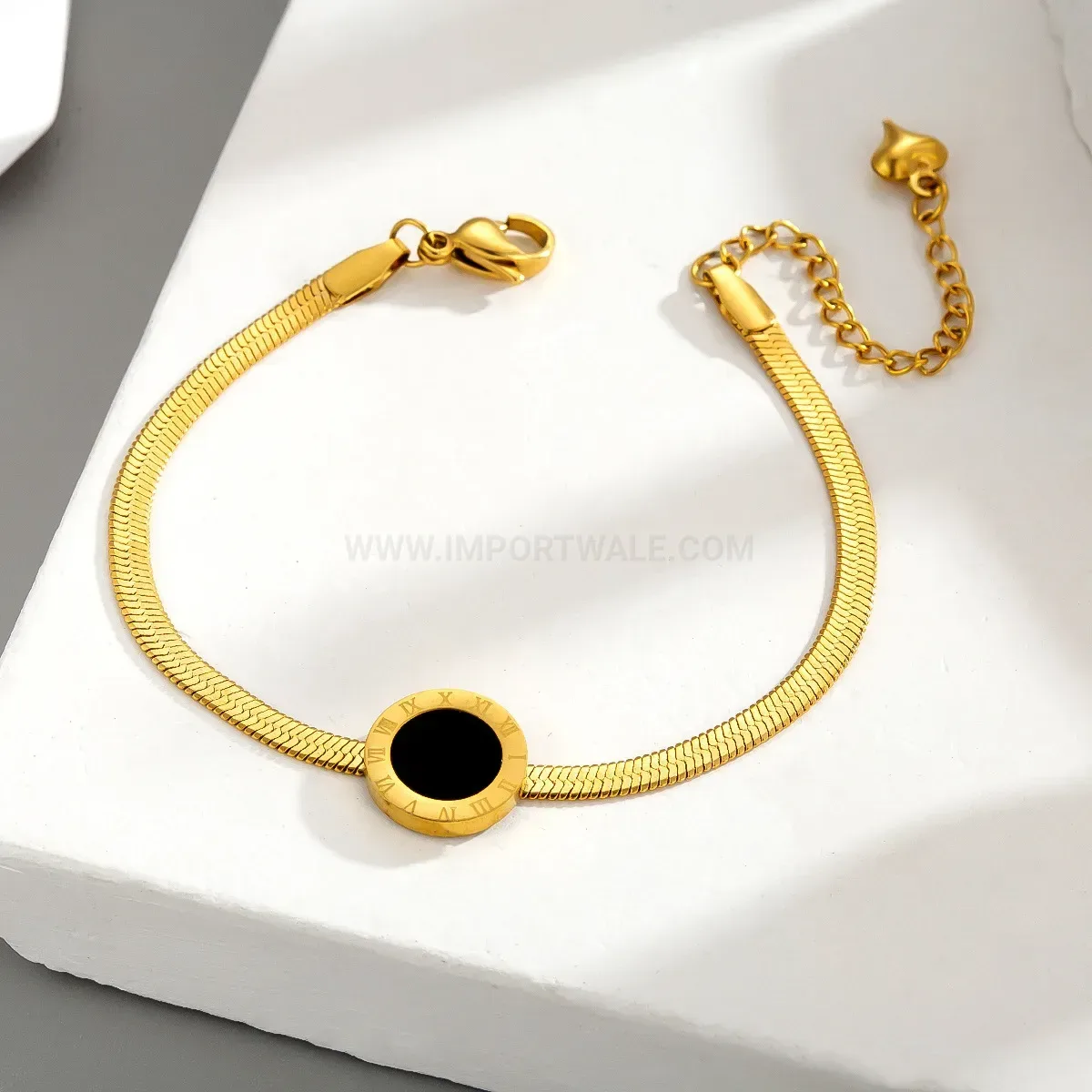 Roman Numeral Engraved Round Stainless Steel Snake Chain Bracelet