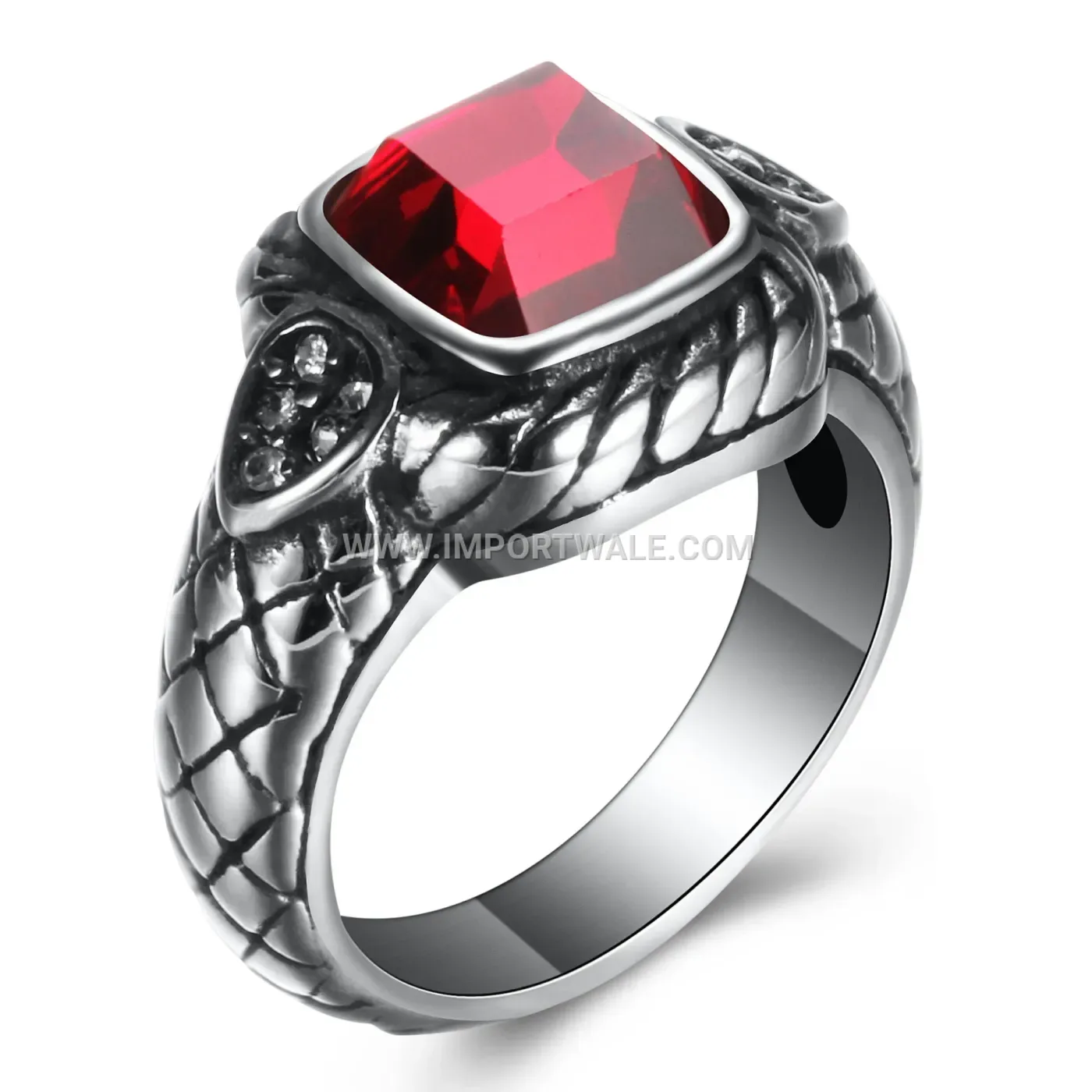 Vintage Snake Texture Stainless Steel Red Glass Ring