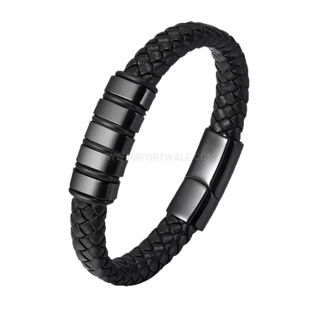 Classic Woven Leather Wristband Bracelet With Metal Accent