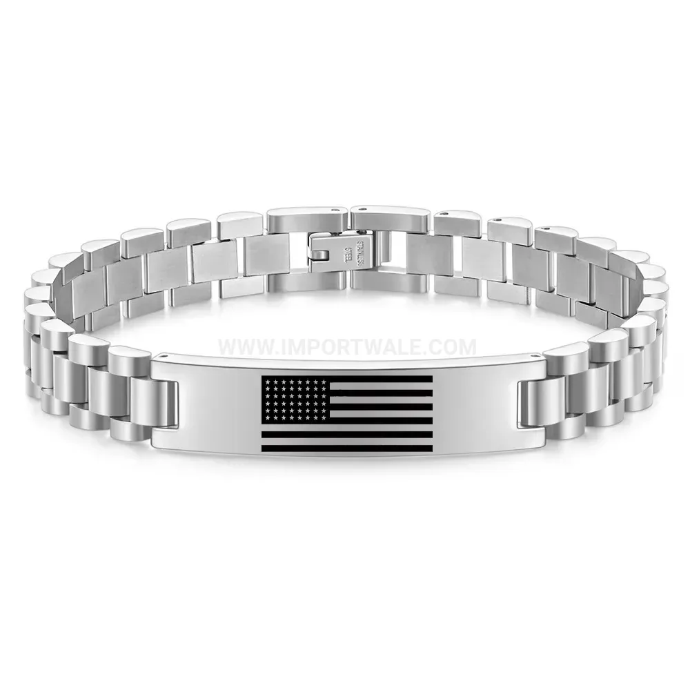 Stainless Steel US Flag Heart Engraved Link Bracelet