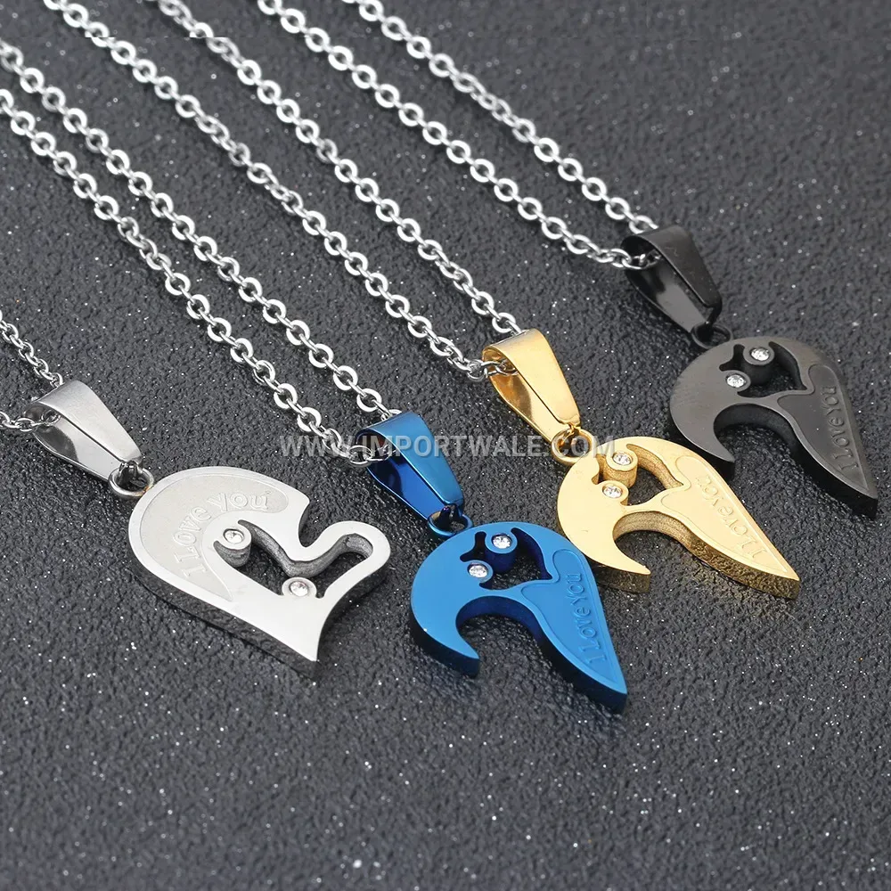 Matching Couple Heart Pendant Stainless Steel Engraved Necklace