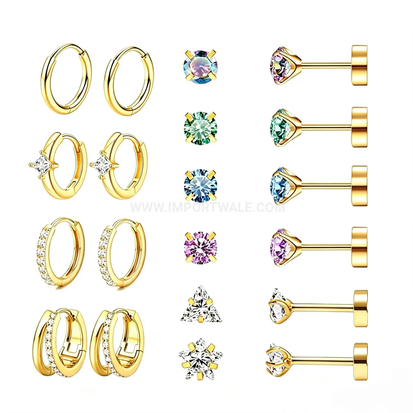 Classic Sparkling Flat Back Stainless Steel Ear Stud Set