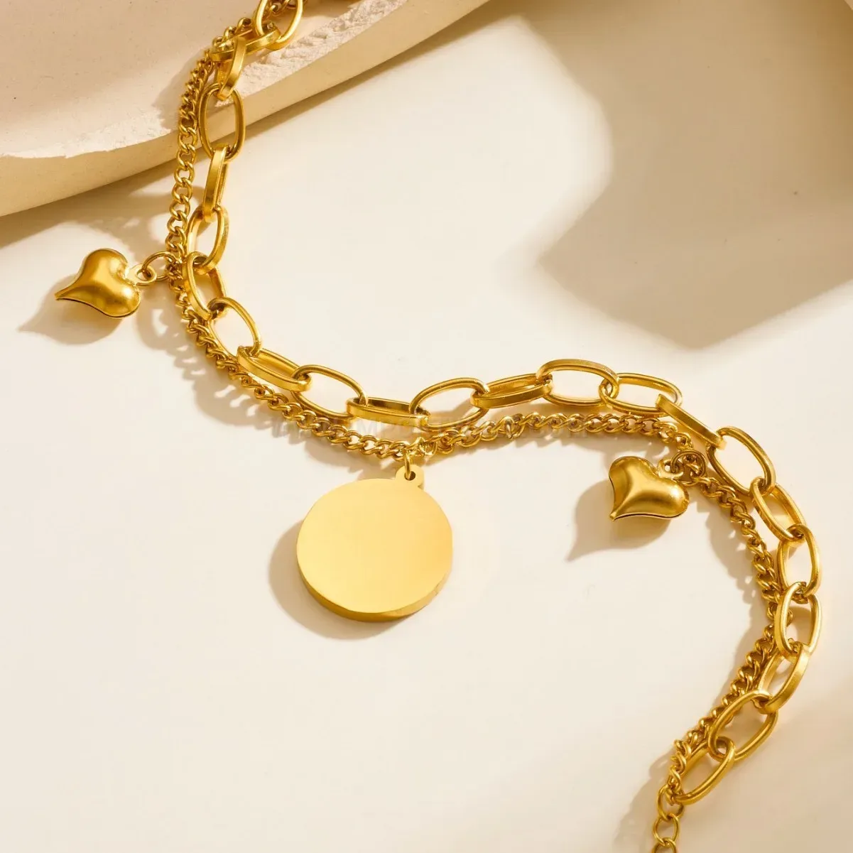 Double Layer Stainless Steel Gold-Plated Crystal Heart Disc Bracelet