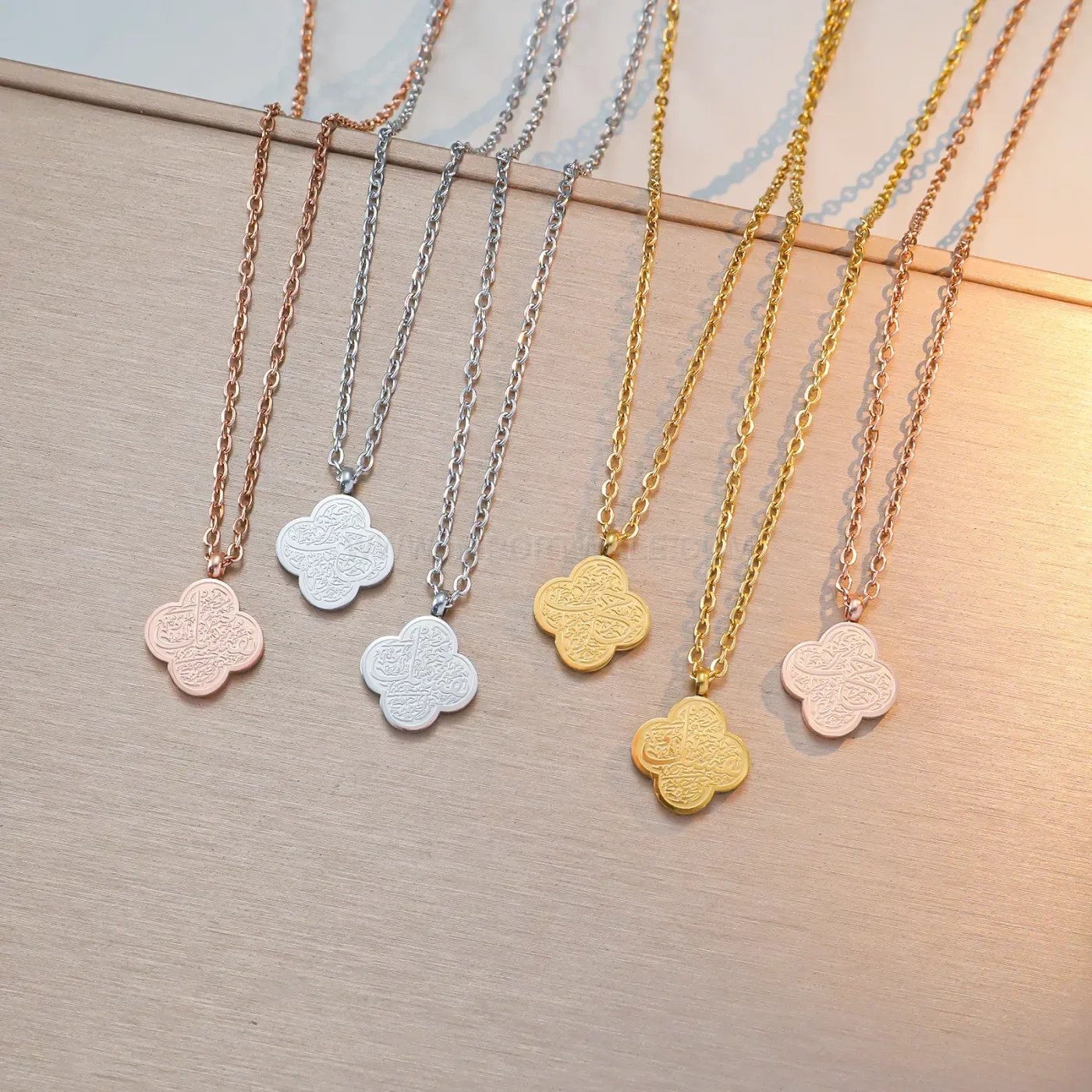 Stainless Steel Gold Plated Arabic Calligraphy Quatrefoil Clover Pendant Necklace
