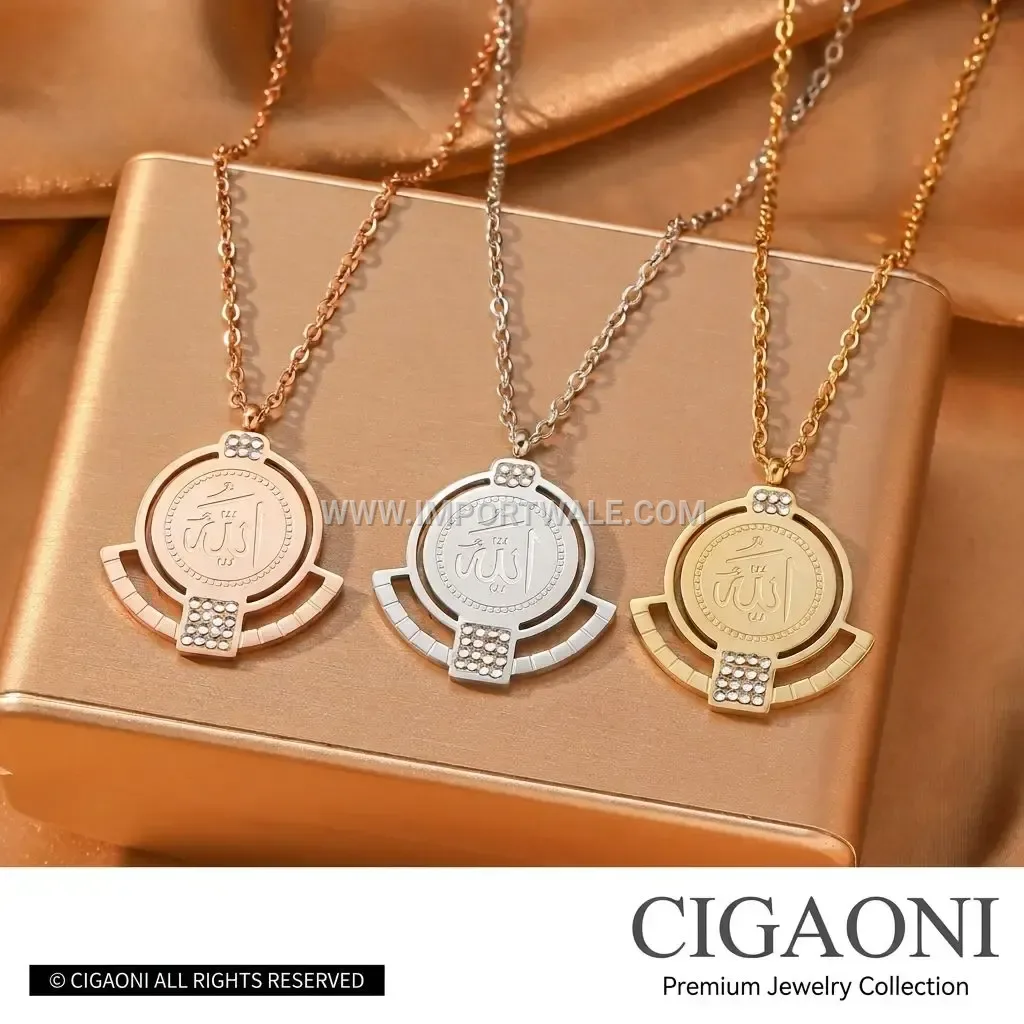 Stainless Steel Cubic Zirconia Allah Medallion Pendant Necklace