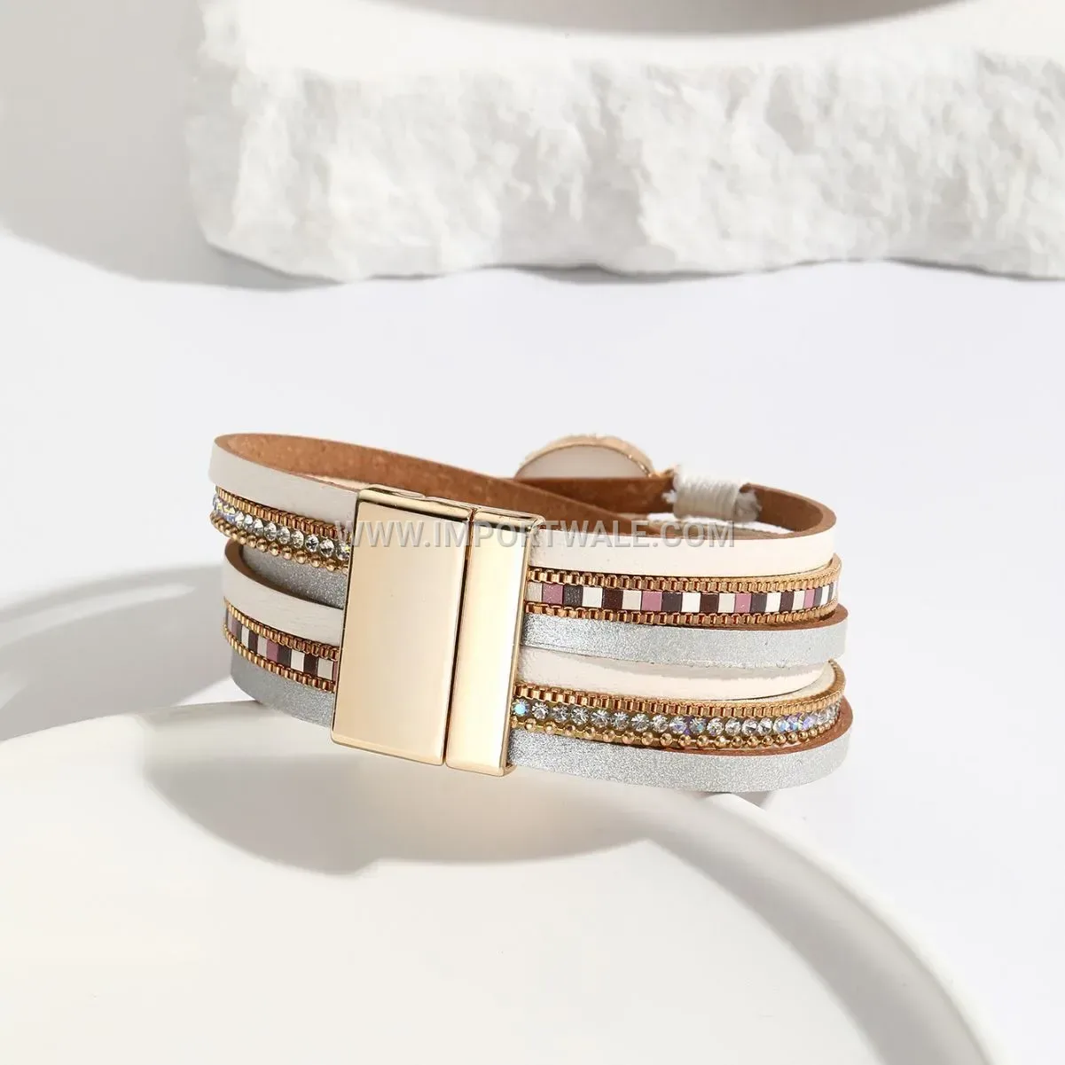 Rhinestone Embellished Crossover PU Leather Wrap Bracelet