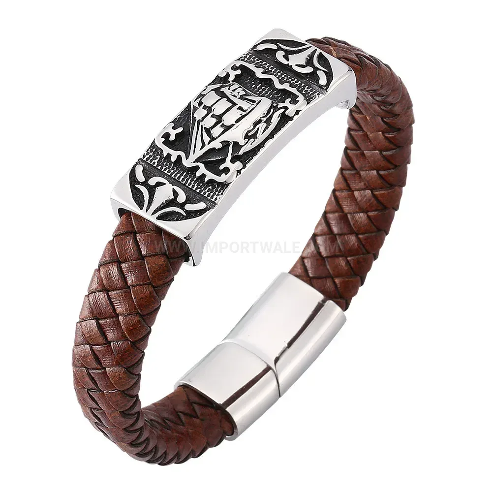 Modern Brown Leather Wristband with Stainless Steel Anchor Accent