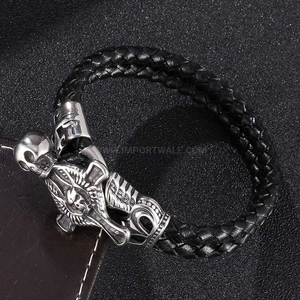 Double Wrap Braided Leather Skull Motif Steel Cuff Bracelet