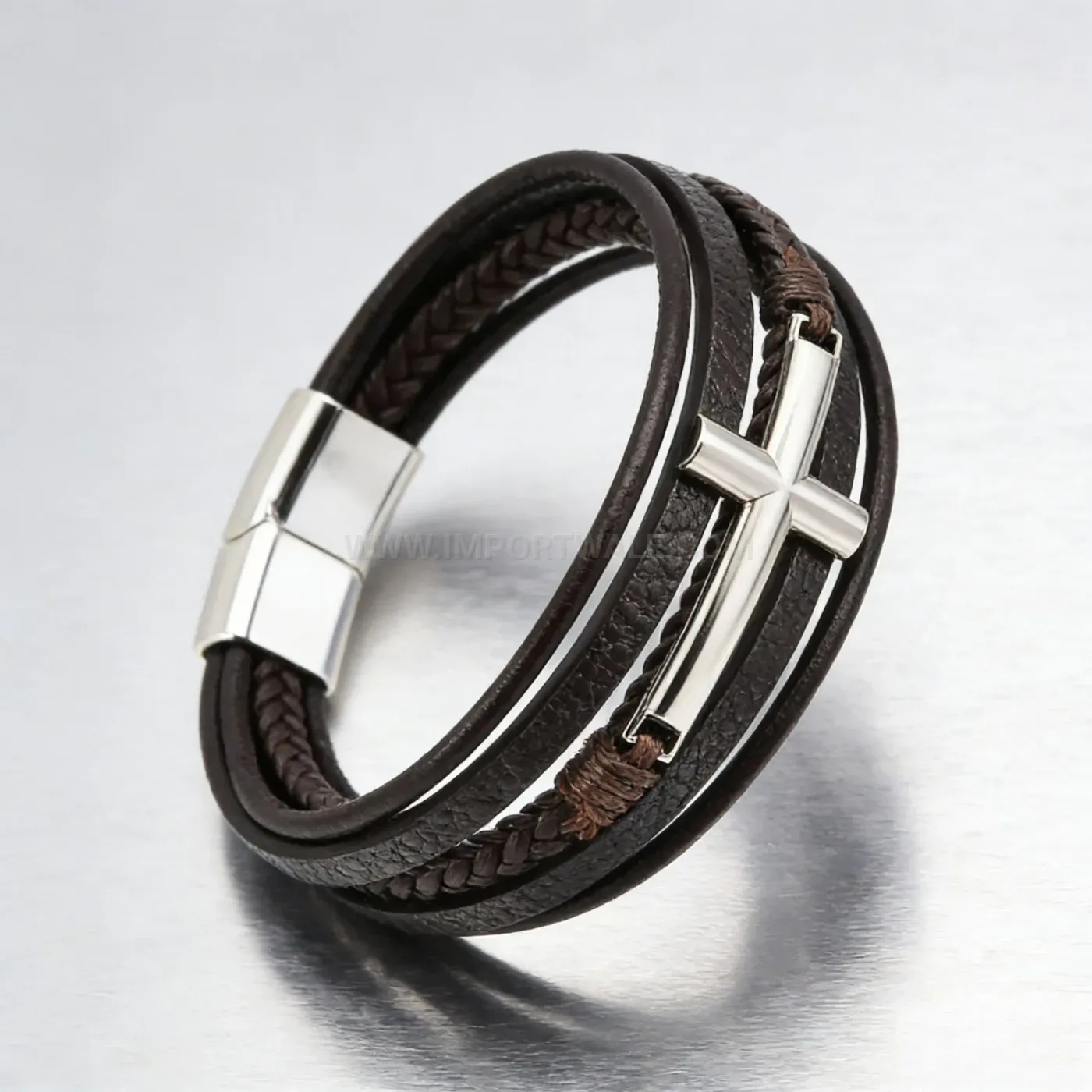 Bold Multi Layer Woven Leather Cross Bracelet With Alloy Clasp