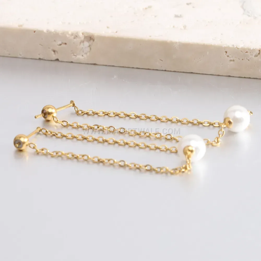 Faux Pearl Long Tassel Chain Stainless Steel Earrings