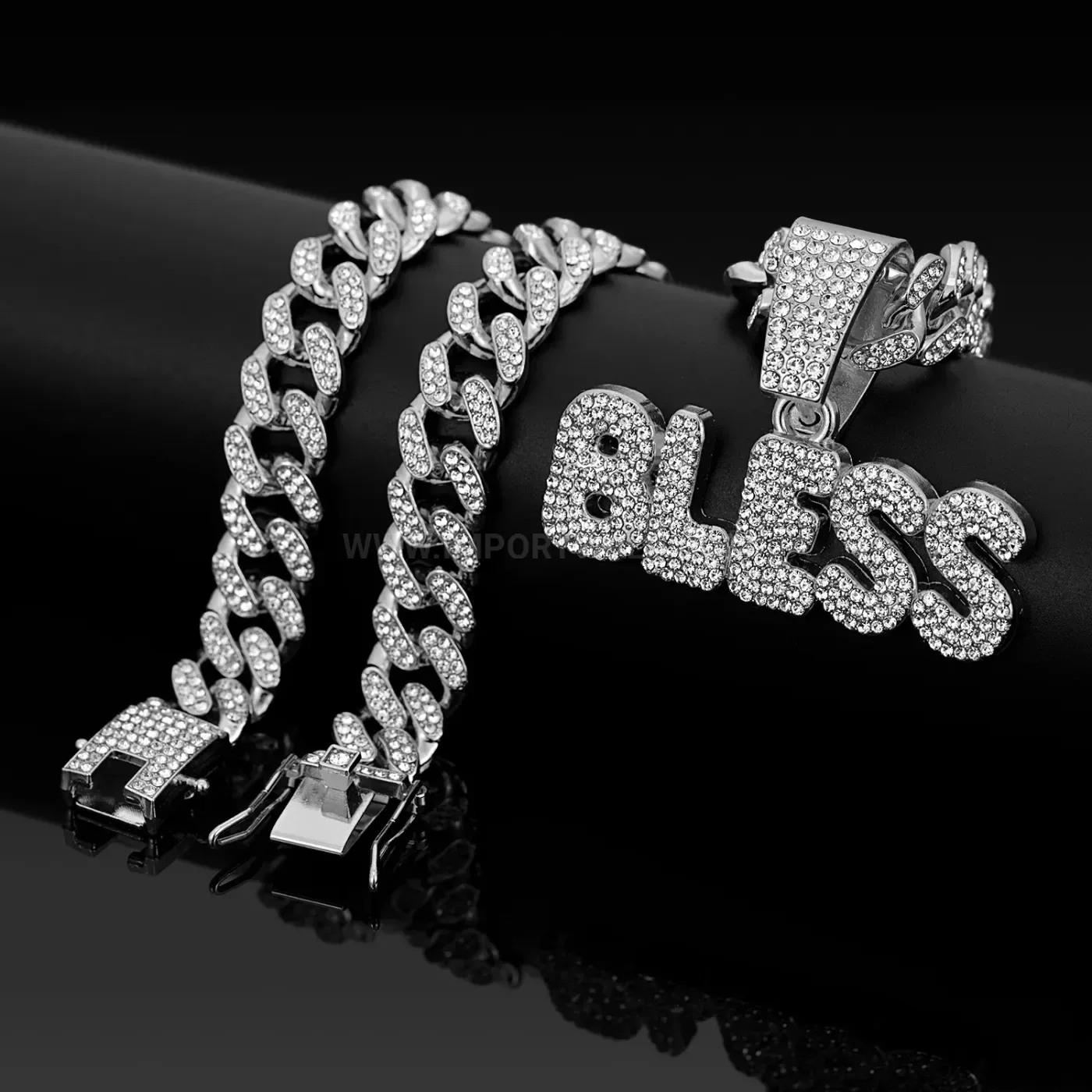 Pave Rhinestone BLESS Lettering Hip Hop Pendant