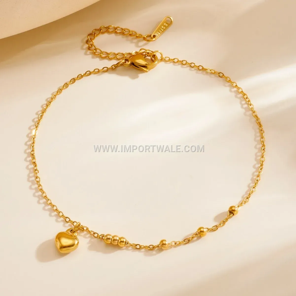 Dainty Stainless Steel Beaded Heart Charm Anklet