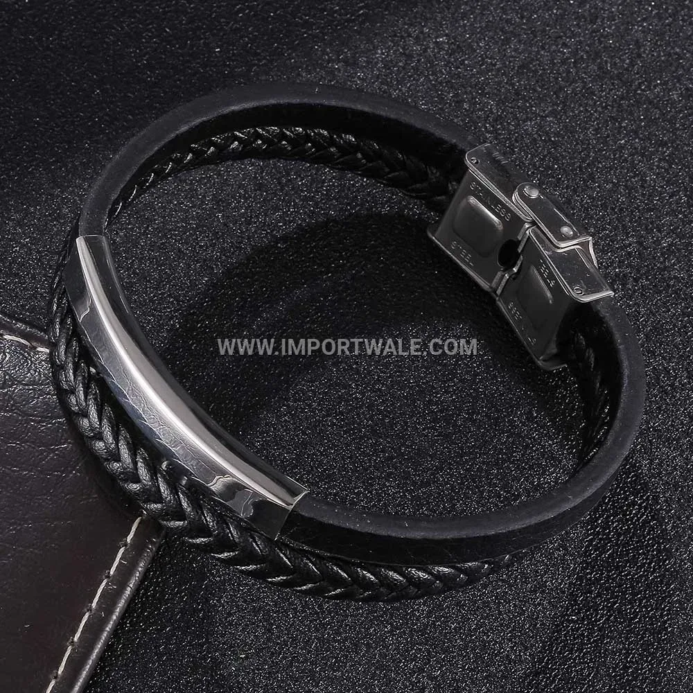 Minimalist Engravable Leather Cuffed Bracelet with Stainless Steel Detail