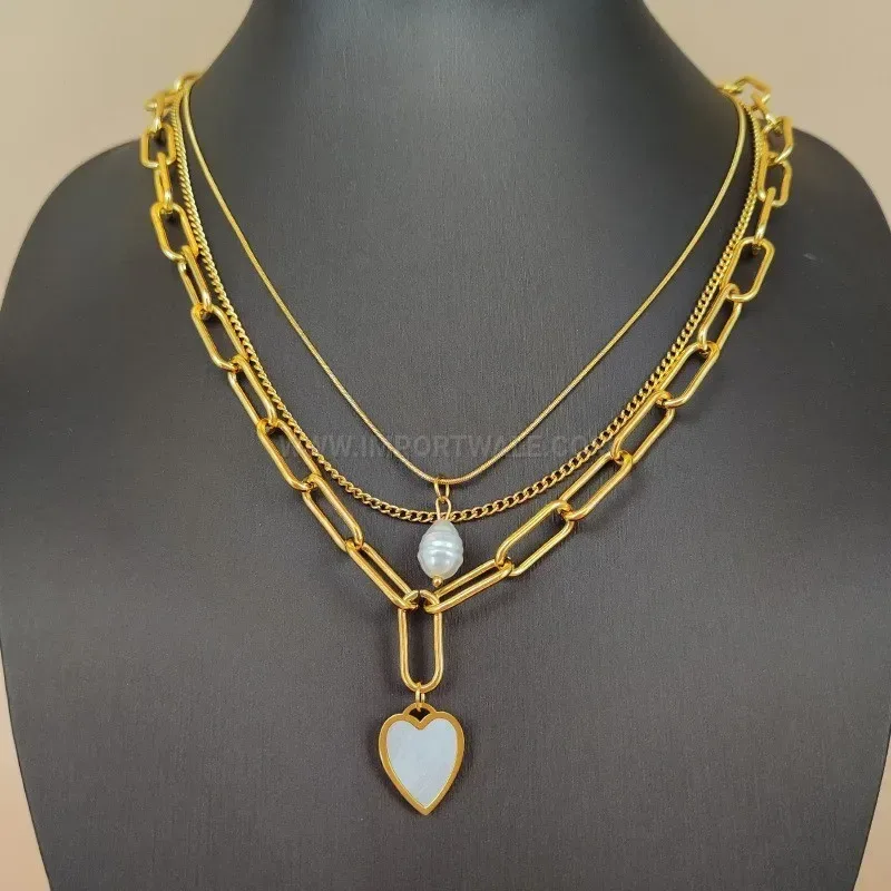 Modern Layered Gold Stainless Steel Pearl Heart Pendant Paperclip Chain Necklace