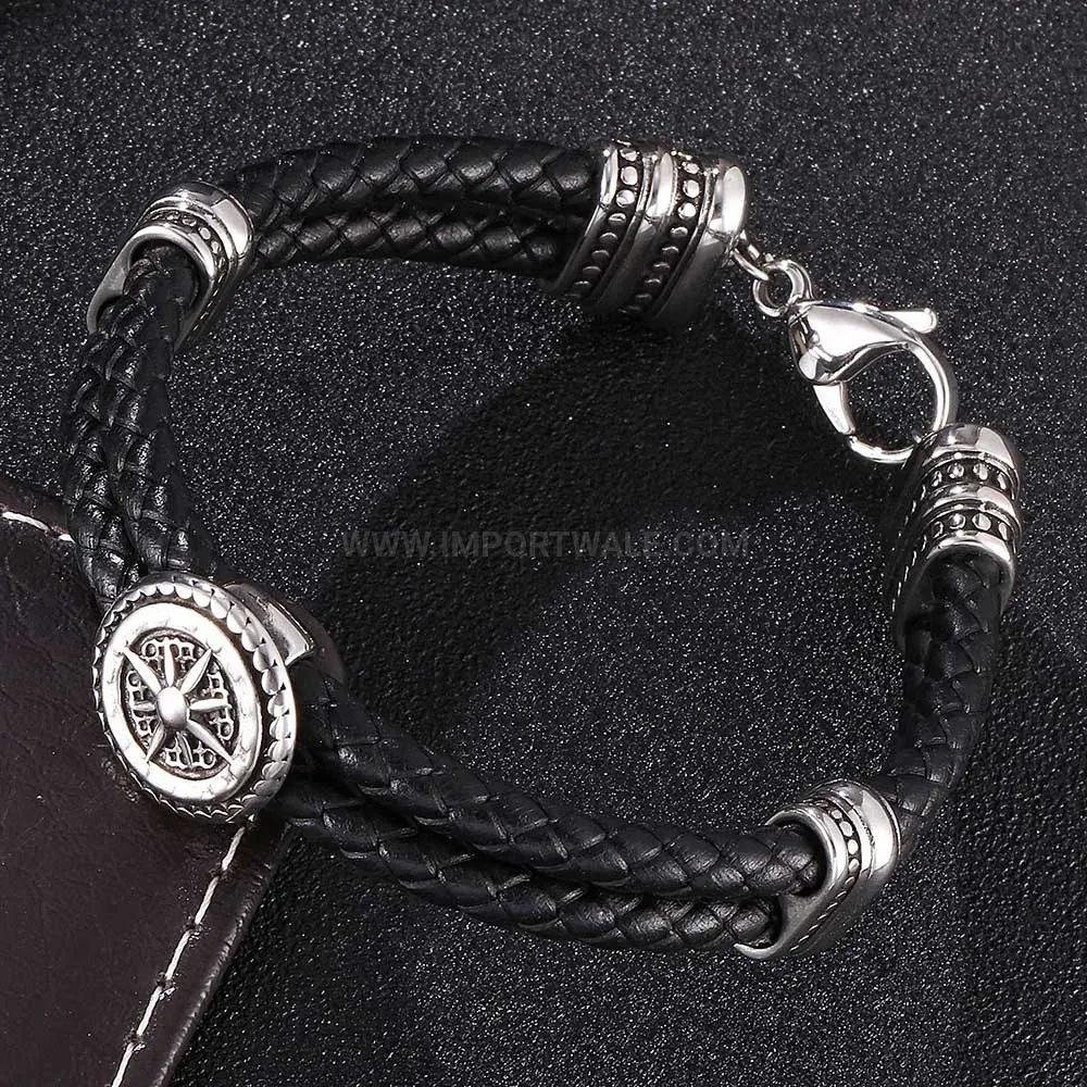 Retro Geometric Stainless Steel Black Leather Wristband For Men