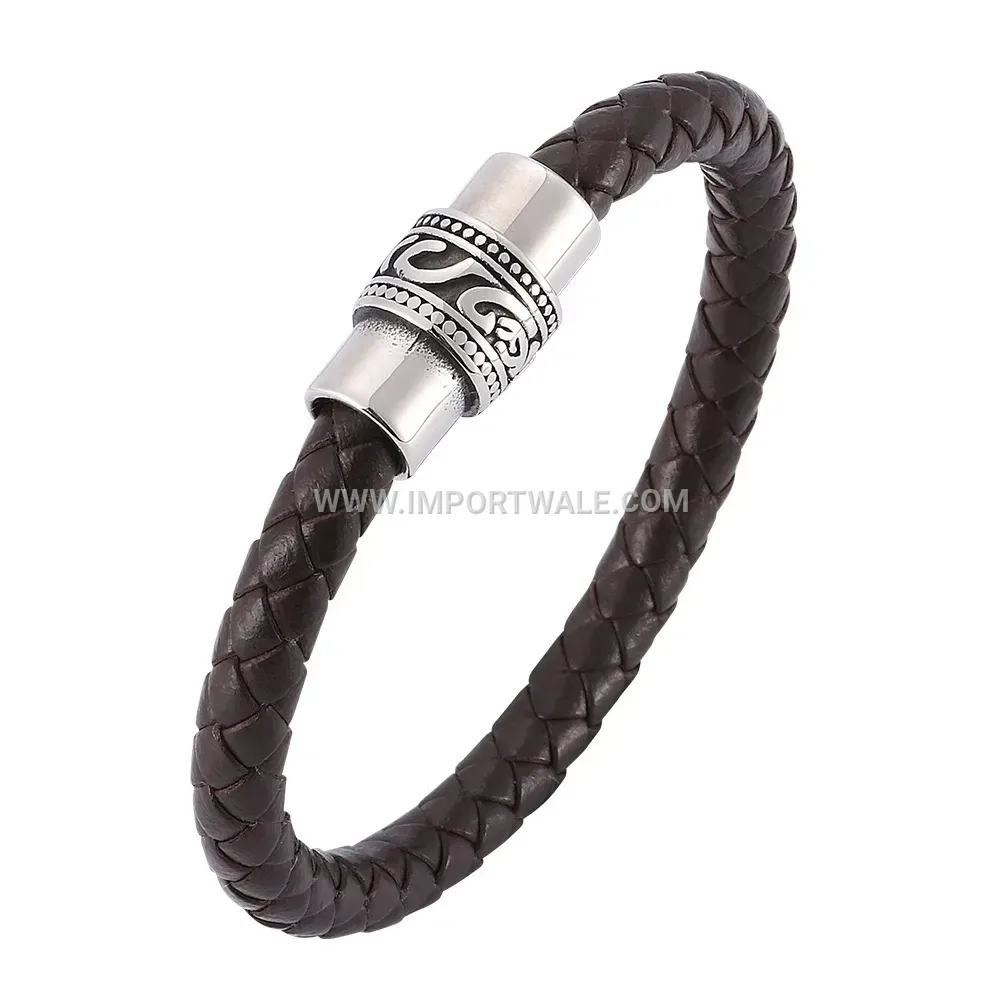 Braided Leather Wristband with Vintage Stainless Steel Magnetic Clasp