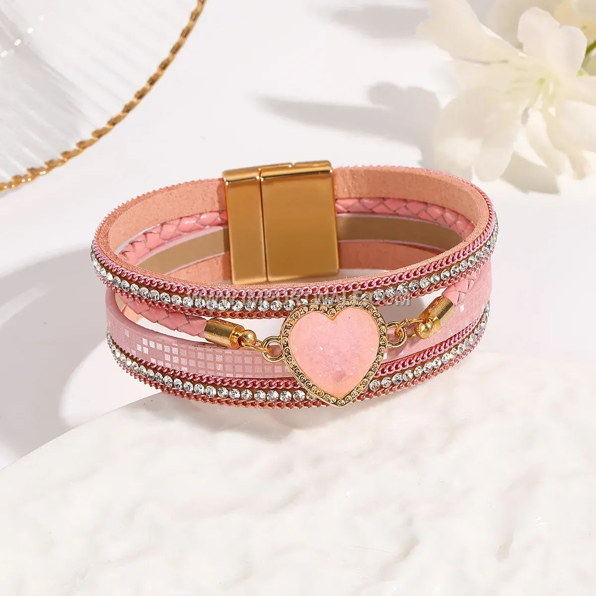 Handwoven Heart Crystal Leather Beaded Bracelet