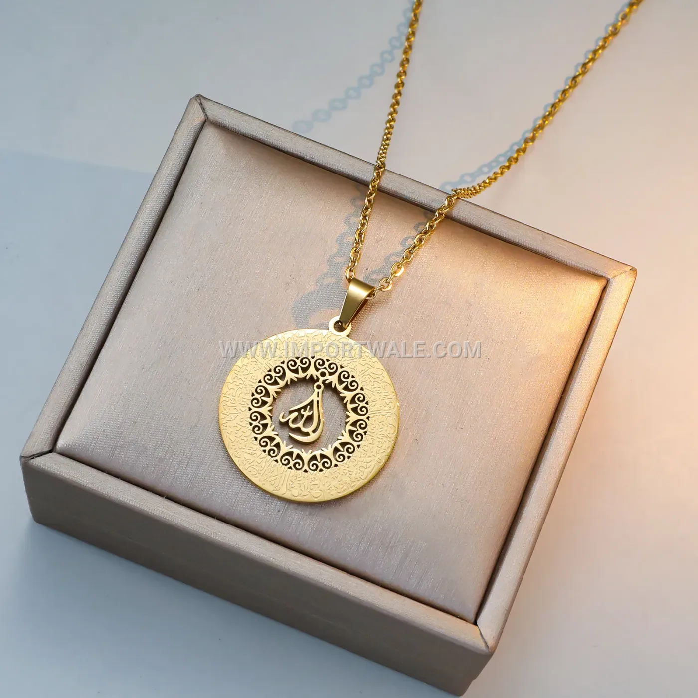 Octagonal Stainless Steel Islamic Calligraphy Pendant Gold Plated Necklace