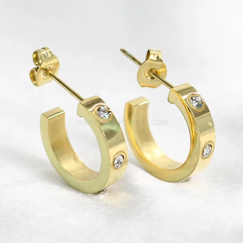 Bold Rhinestone Accent U-Shaped Stainless Steel Hoop Earrings