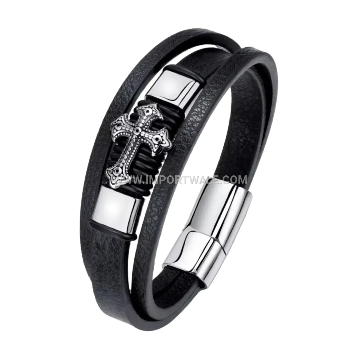 Men's Cross Charm Multi-Layer Leather Bracelet with Magnetic Clasp