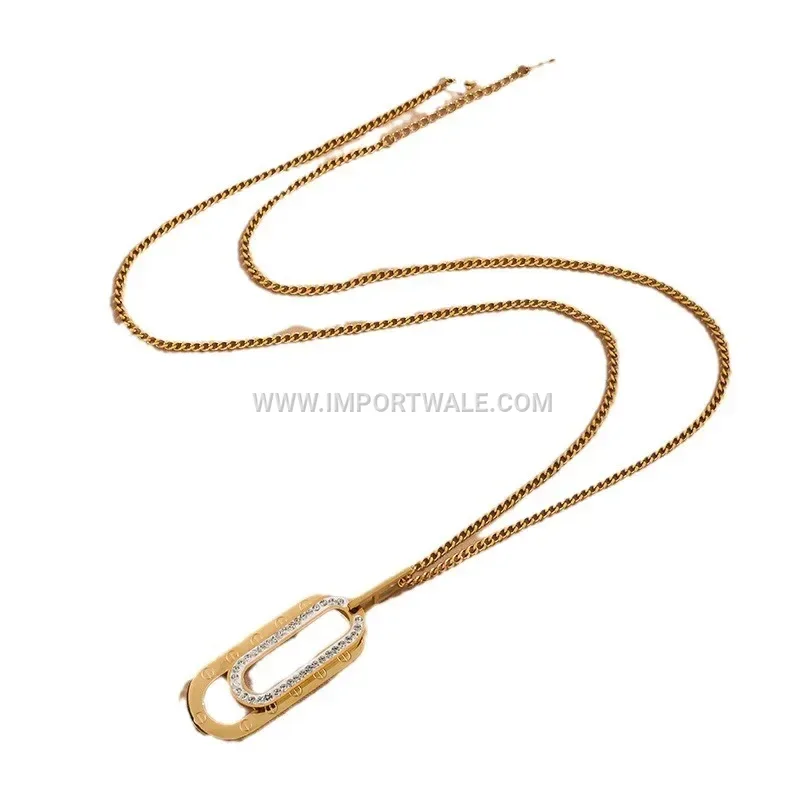 Titanium Steel Rhinestone Double Ring Long Pendant Necklace