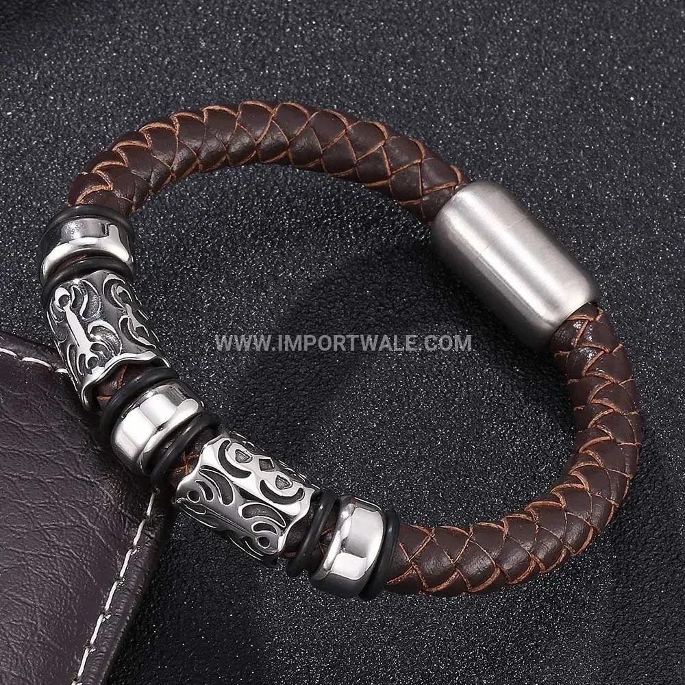 Vintage Braided Brown Leather Stainless Steel Accent Bracelet for Men