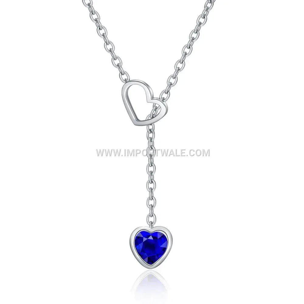 Stainless Steel Openwork Heart Sapphire Pendant Necklace