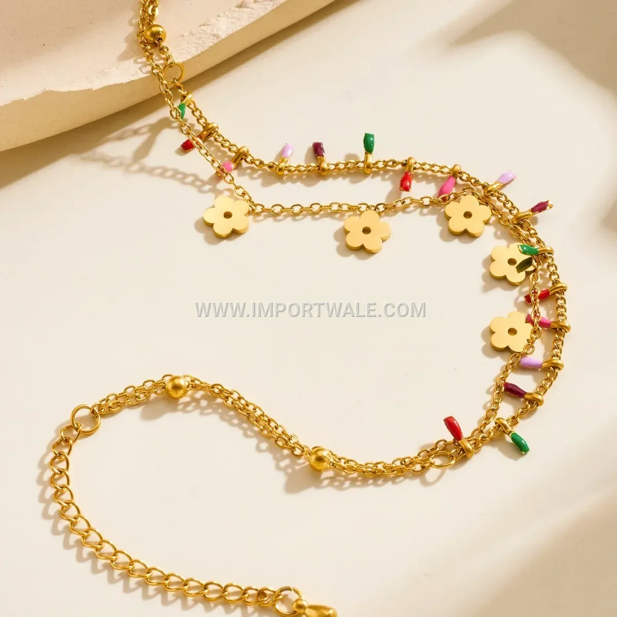 Layered Floral Stainless Steel Charm Anklet