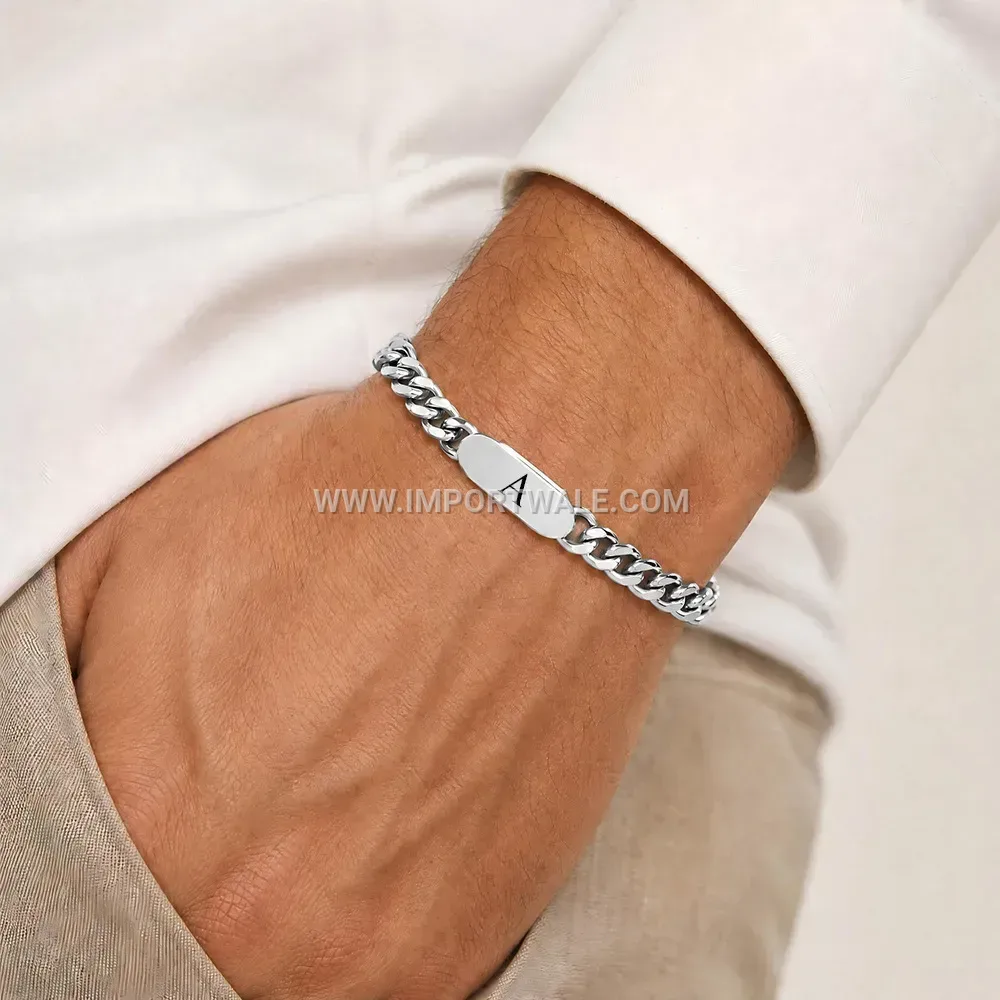 Engraved Initial Letter 8mm Cuban Link Stainless Steel Bracelet