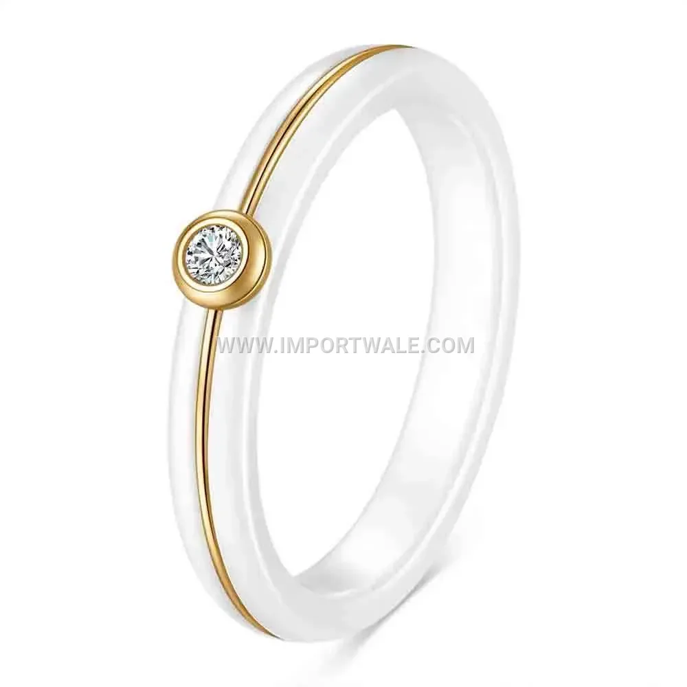 Stainless Steel and Ceramic Rhinestone Inlaid Ring