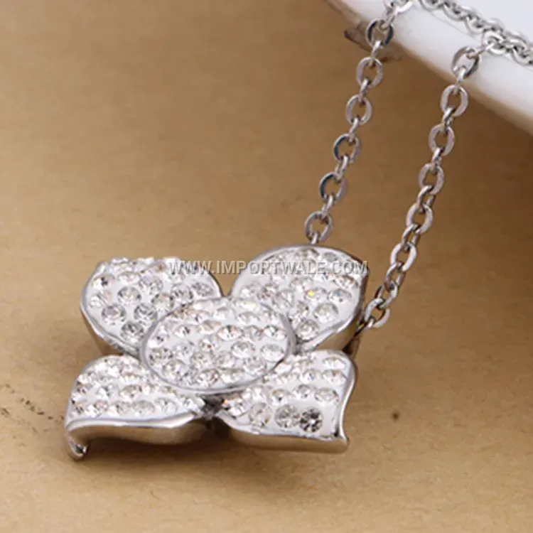 Rhinestone Floral Motif Stainless Steel Minimalist Pendant Necklace
