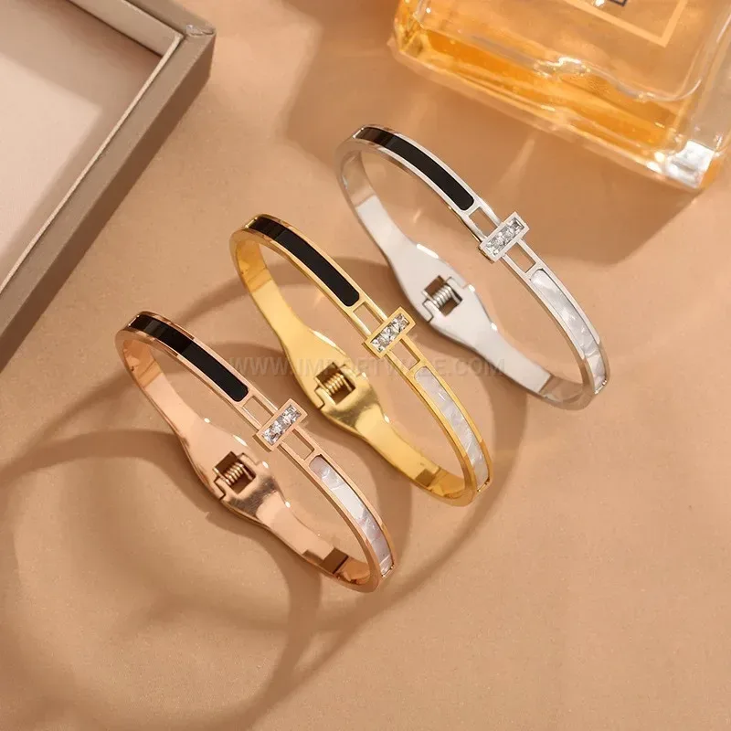 Chic Zircon Mother of Pearl Titanium Steel Bangle
