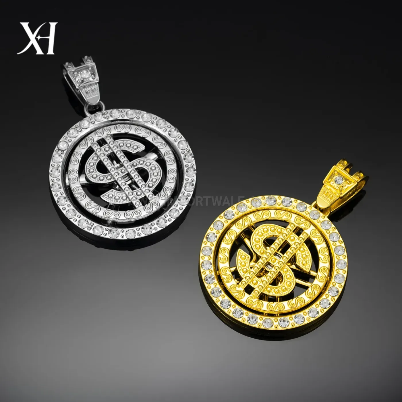 Rotating US Dollar Sign Alloy Pendant Cuban Necklace