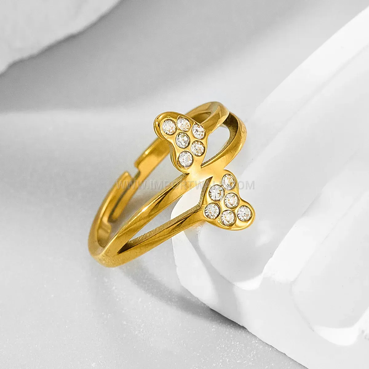 Double Heart Pave Open Adjustable Stainless Steel Ring